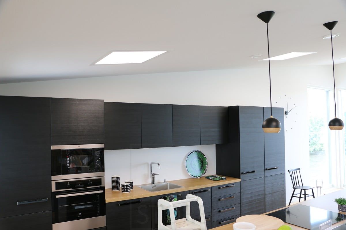 Housing Fair 2018: 600x600 led panels on a sloping ceiling in the living room. Ledstore.fi