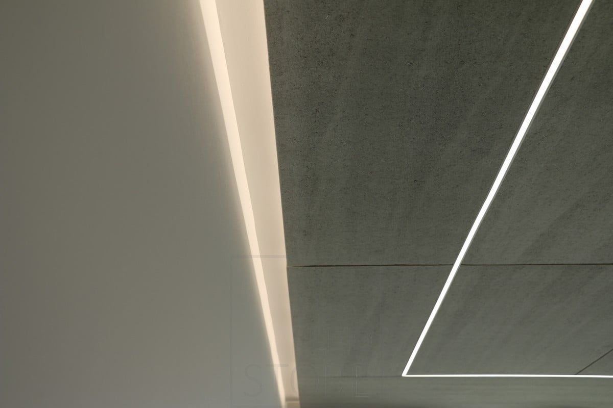 Housing Fair 2018: led strip on top of floating roof and embedded in Konto acoustic panel. Ledstore.fi