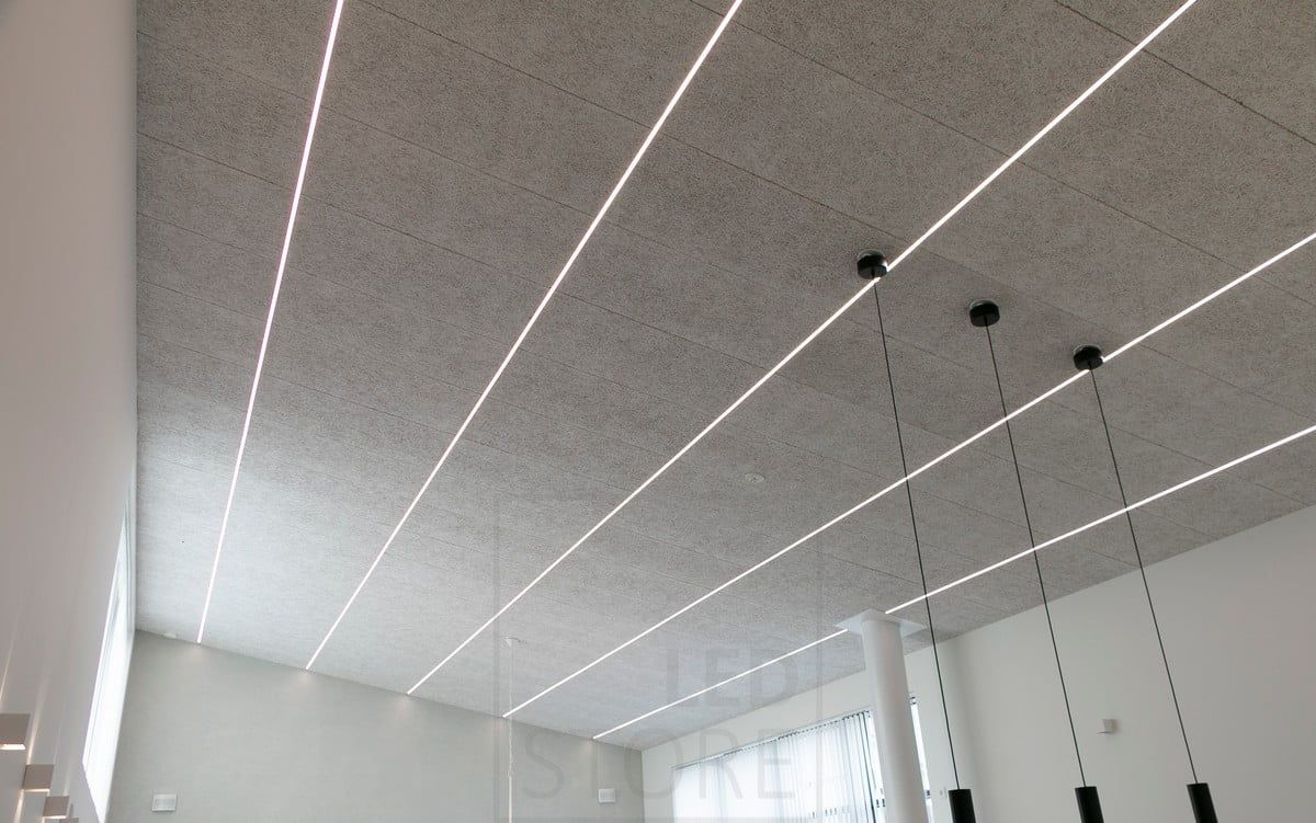 Housing Fair 2018: narrow uppo profile installed between the acoustic panels of the Konto with a 60cm pitch. Ledstore.fi