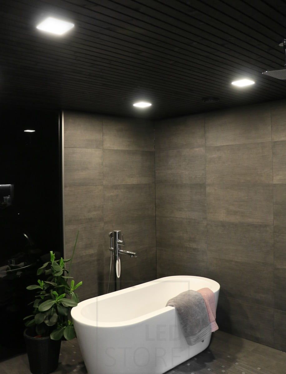 Housing Fair 2018: 200x200 led panels on a black ceiling, painted by the client. Ledstore.fi