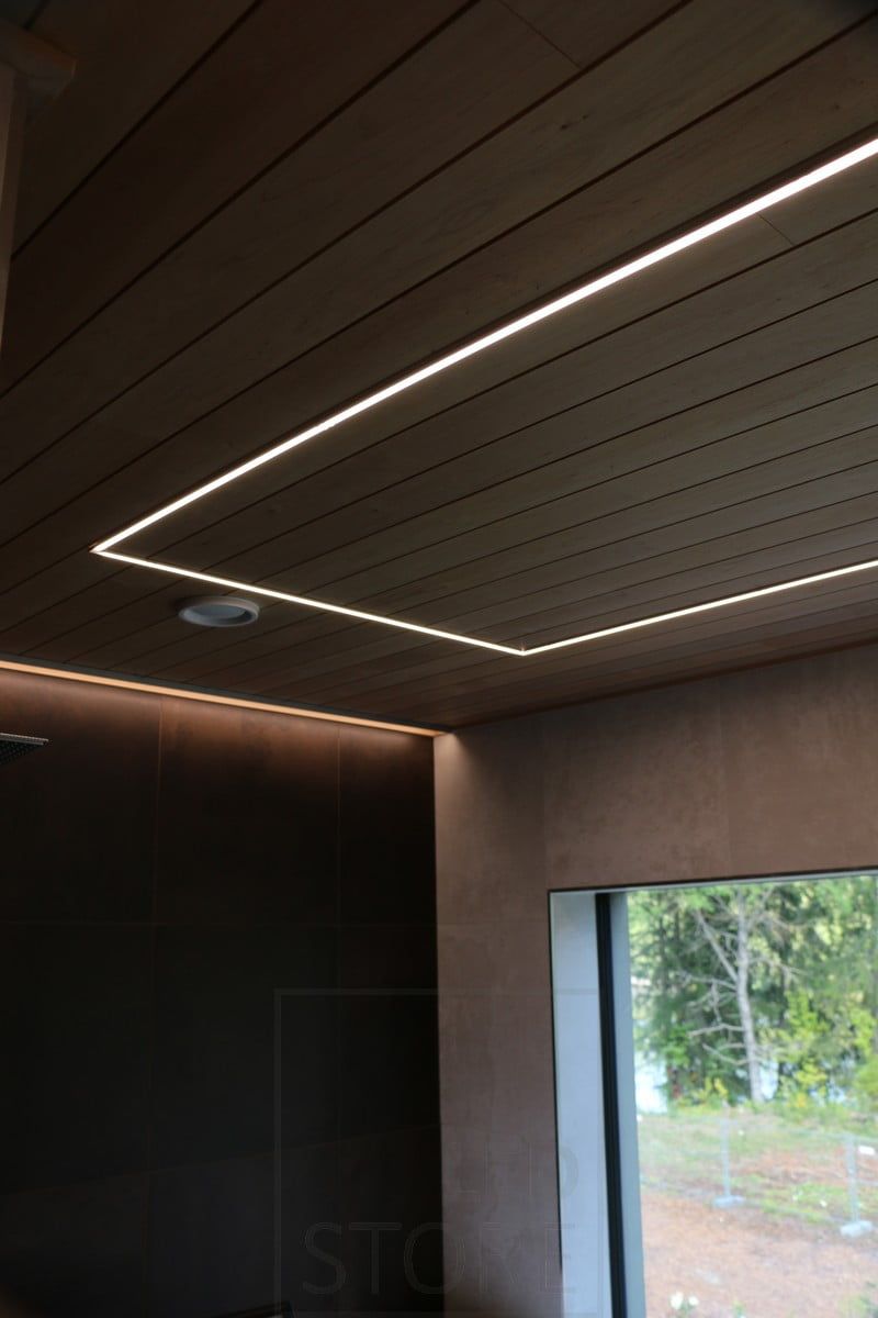 Housing Fair 2019: Led strip on the ceiling as a perimeter, mounted on a narrow flush-mounted profile. Ledstore.fi