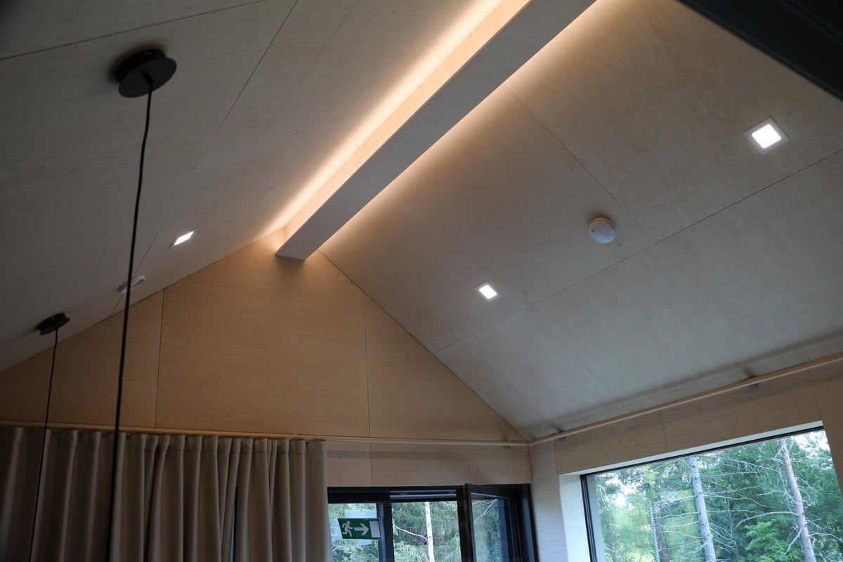 Housing Fair 2019: Led strips hidden in the roof brush, under the board. Ledstore.fi