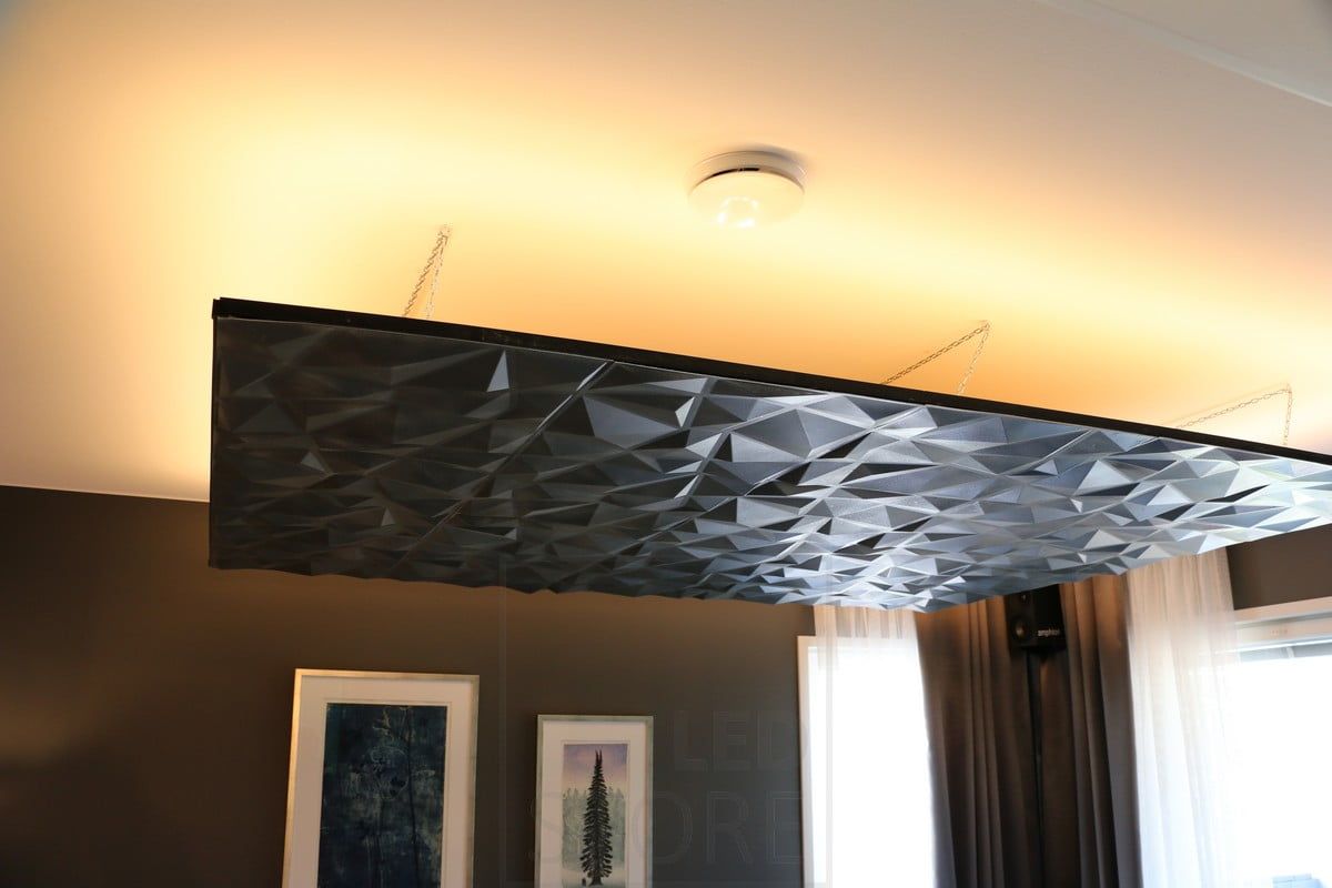 Housing Fair 2019: Indirect light from the top of a drop-down panel. The lighting is atmospheric and highlights the roof slab. Ledstore.fi