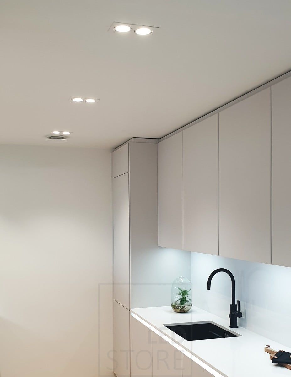 Housing Fair 2020: double spotlights on the ceiling of the utility room as efficient general lighting, led strip illuminating the worktop. Leddstore.fi