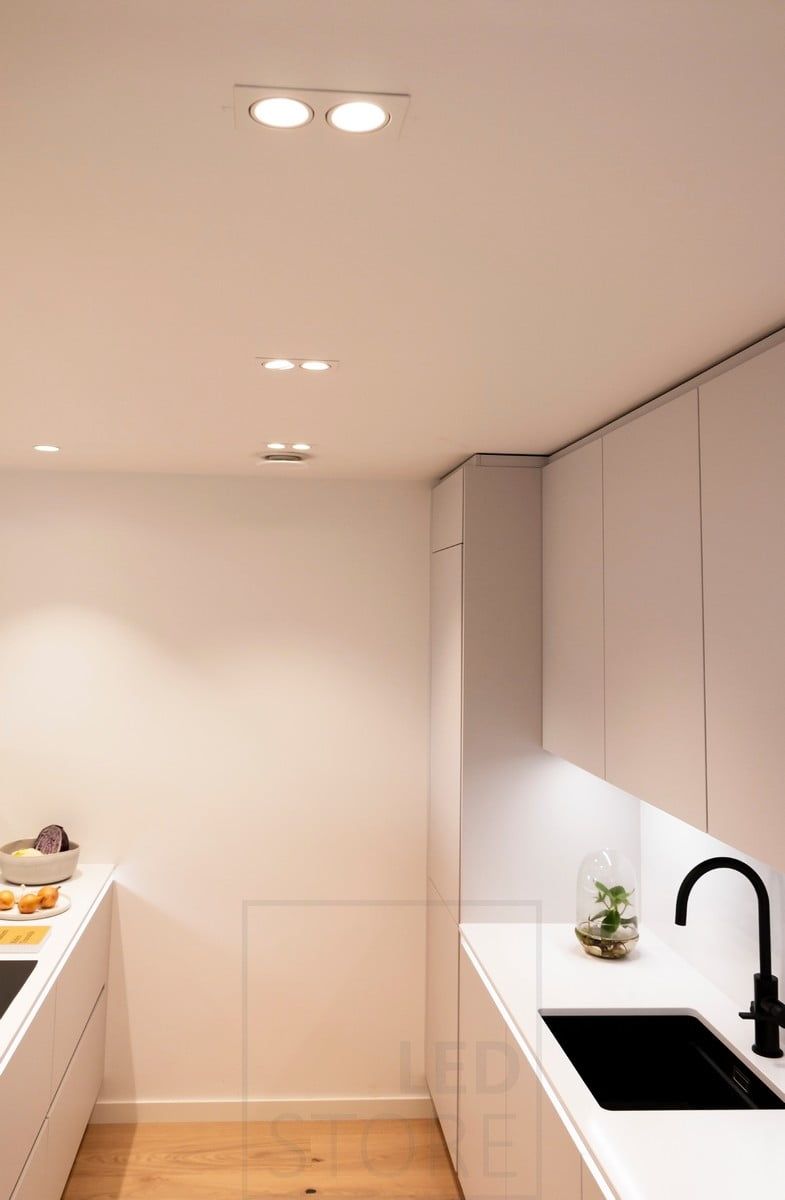 Housing Fair 2020: double spots on the kitchen ceiling as general lighting. Led strip illuminating the worktop. Ledstore.fi
