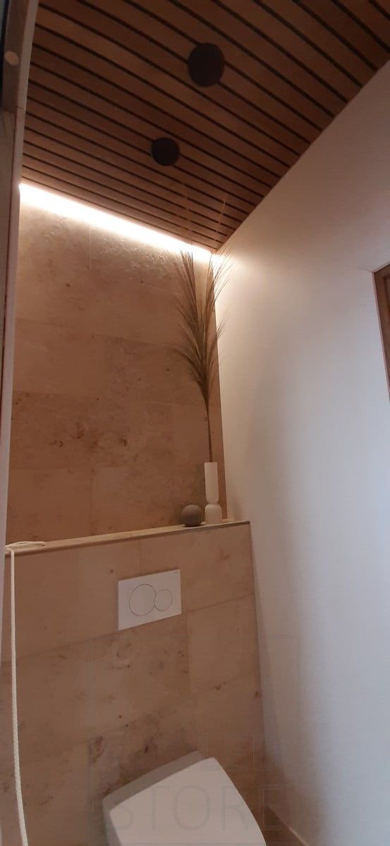 Housing Fair 2020: led strip behind the toilet on the ceiling illuminating indirect light. Ledstore.fi