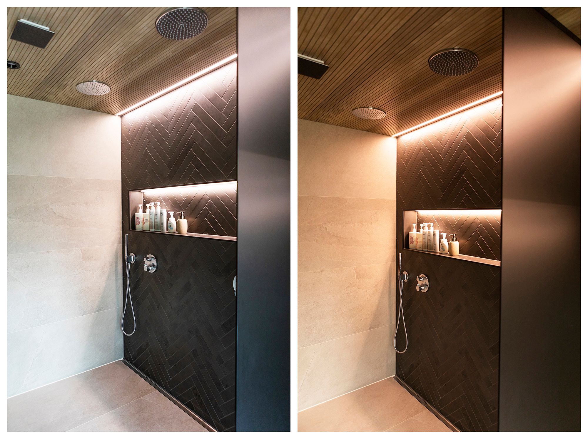 A spectacular fishbowl and shampoo shelf in the bathroom is accentuated by an LED ribbon