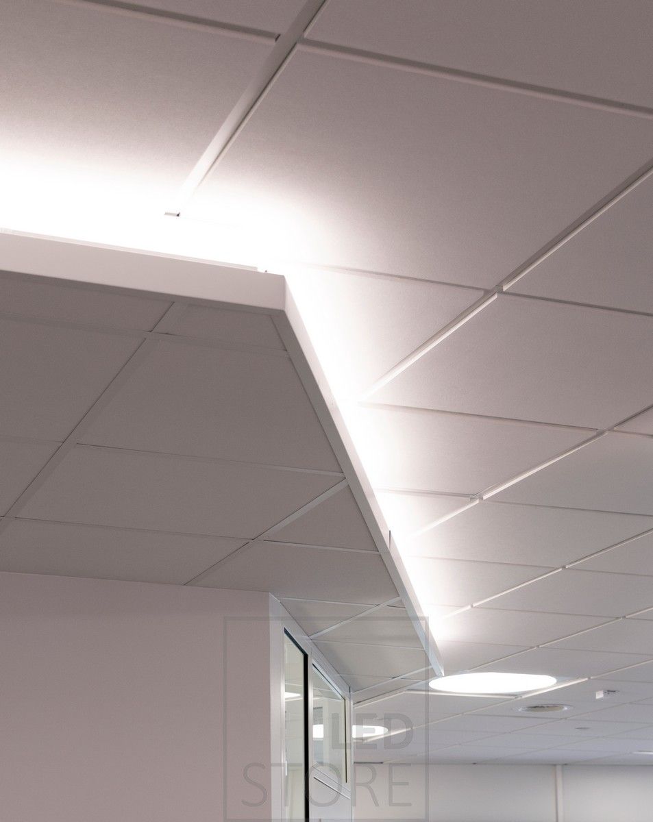 Indirect lighting in a corridor in a drop-down box illuminated from the ceiling.