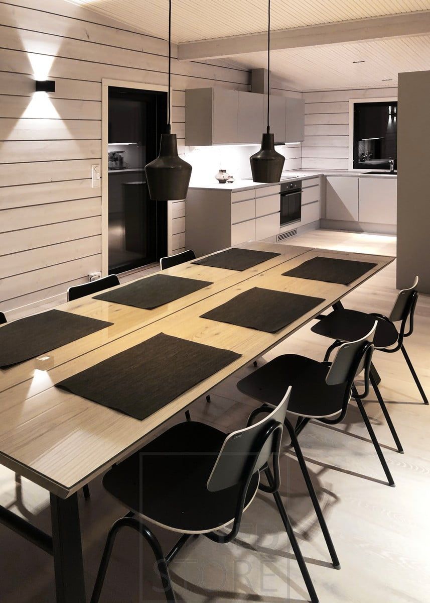 The black FUNK wall lamp creates mood lighting in the dining room. Led strips illuminating the kitchen work surface. Ledstore.fi