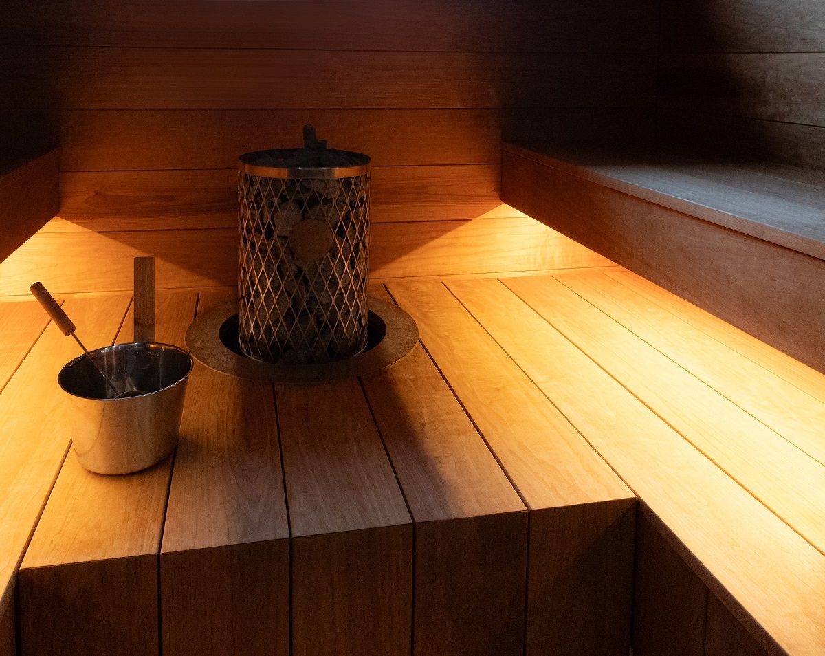 Sauna with led strip under the seat rails.