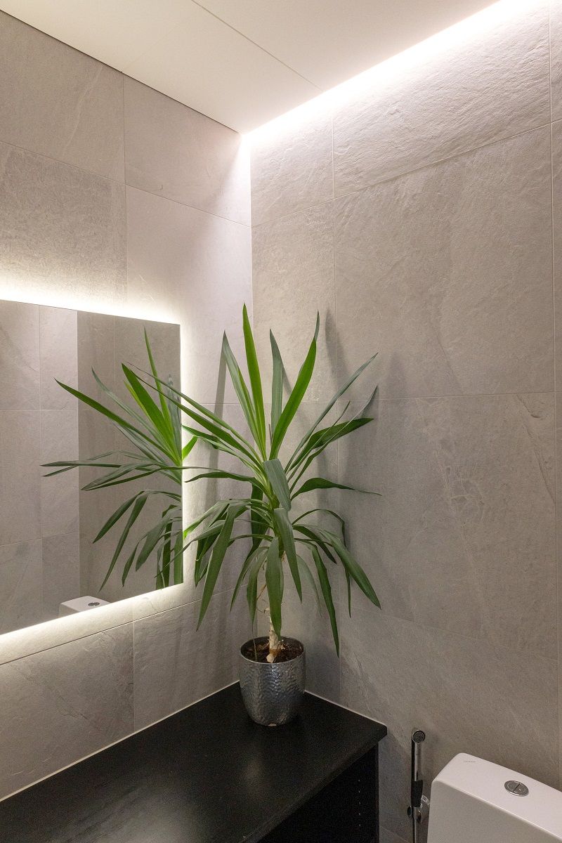 LED strip in the recess between wall and ceiling and behind the mirror provides indirect light.