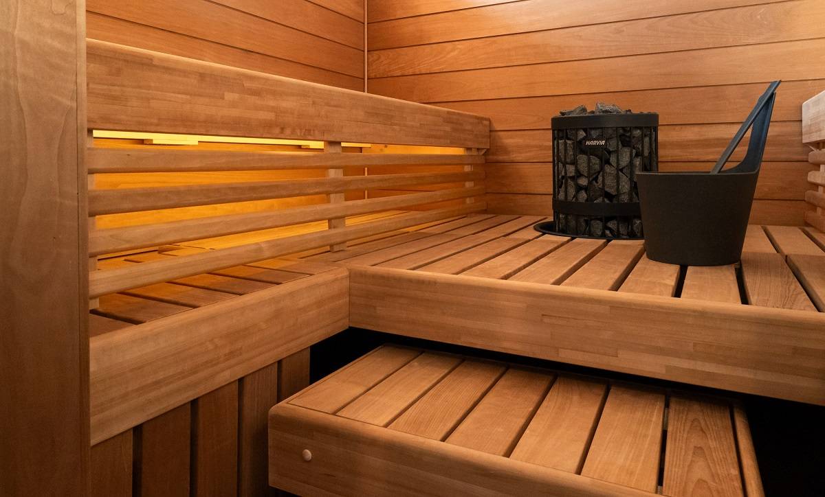 In the sauna under the ceiling led strip.