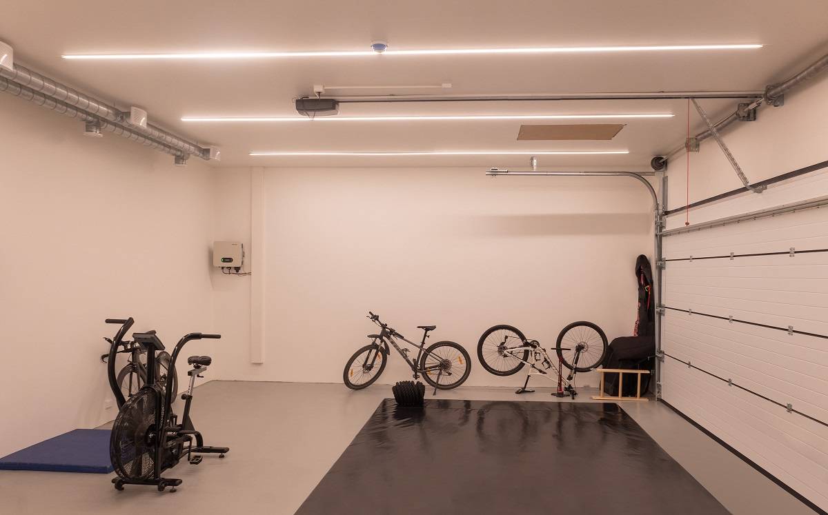 Garage illuminated with led strip.