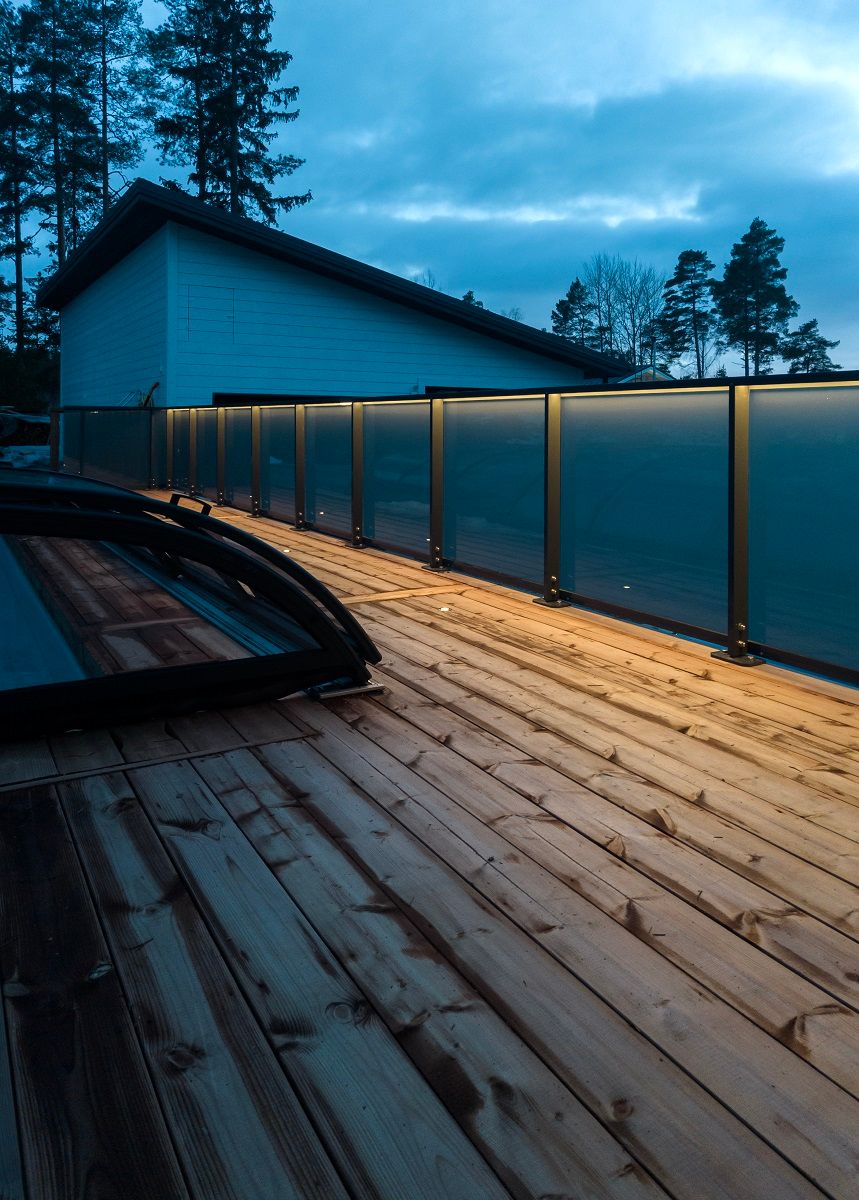 LED strip on the railing and embedded in the balustrade terrace lights.