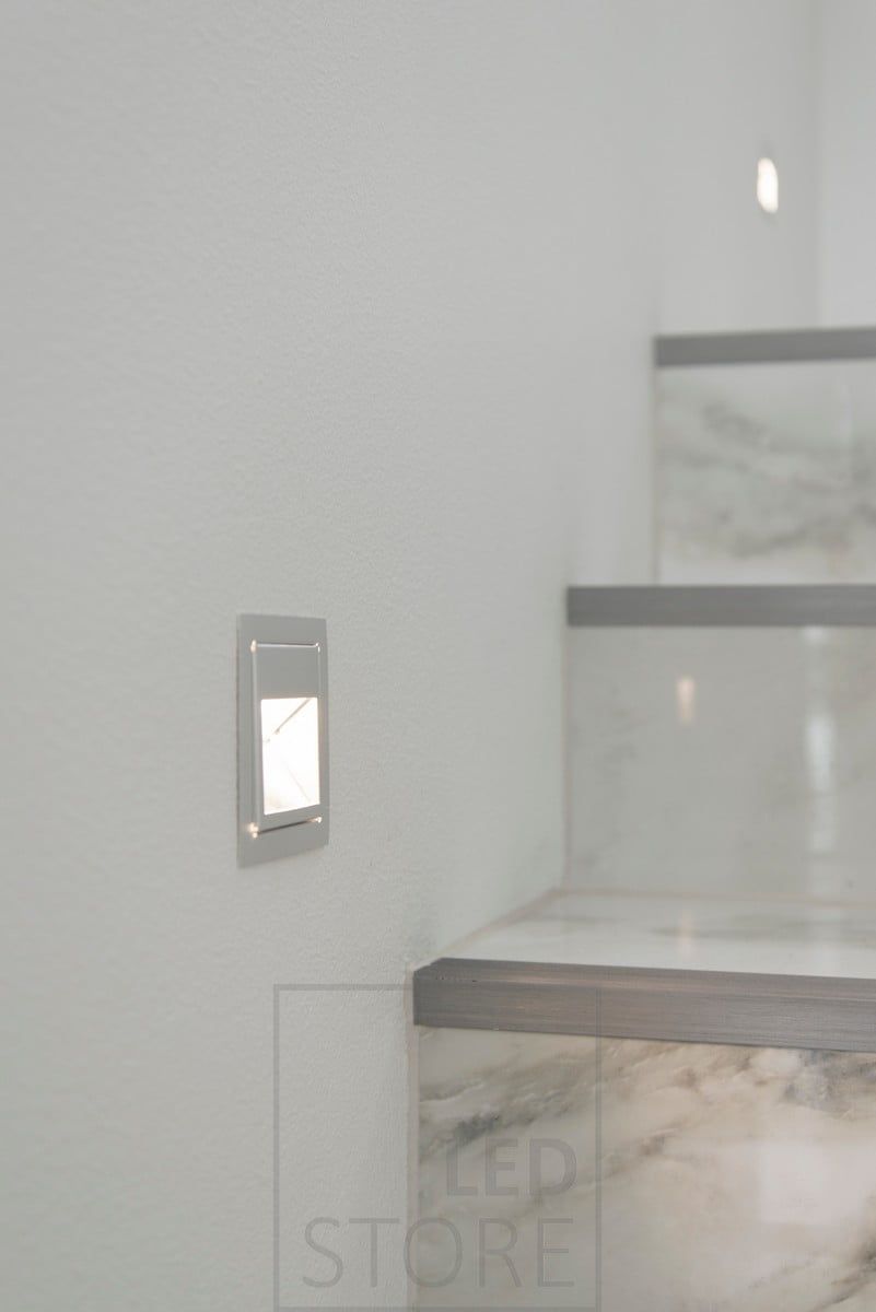 Stair light led IN-WALL illuminating soft and atmospheric light on the steps. The recessed wall light is modern, simple and elegant. Also available in black and white. Ledstore.fi