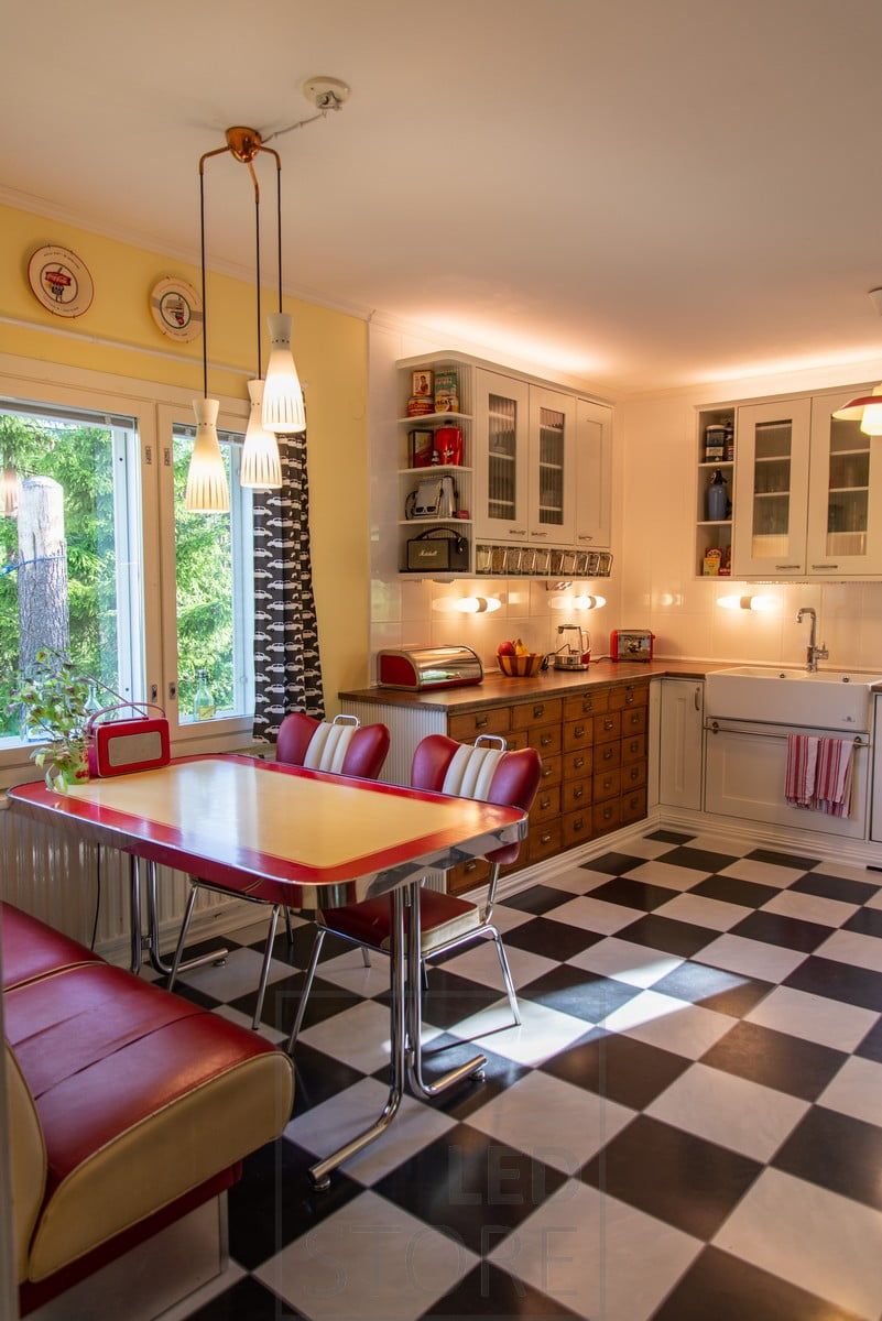 In the kitchen, LED strips above the cabinets indirectly and softly illuminate the atmospheric kitchen. Ledstore.fi