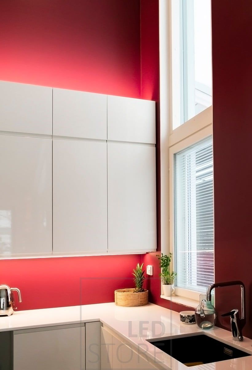 Indirect light above the kitchen cabinets, LED strip under the cabinets to illuminate the kitchen level and create high quality cooking light. Ledstore.fi