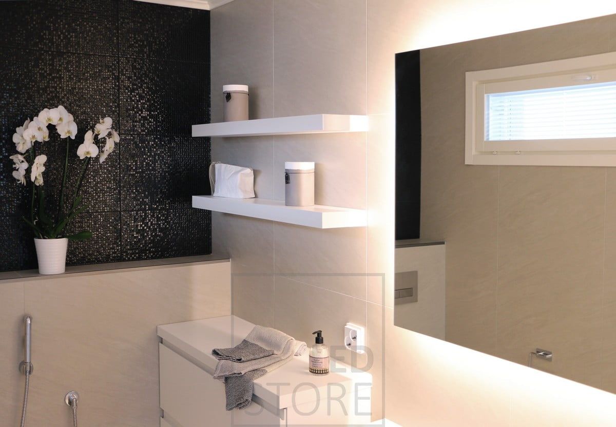 Indirect, atmospheric light in the bathroom with a large light mirror. Ledstore.fi
