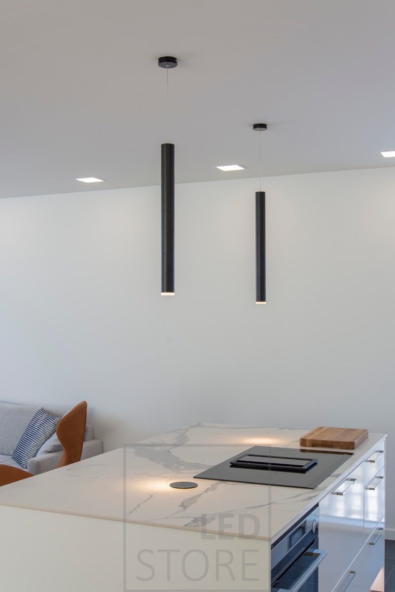Led pendant lights above the island as decorative elements and as mood lights. Ledstore.fi