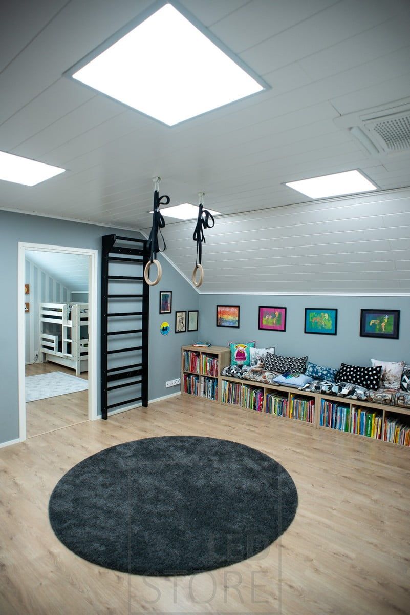 LED panels, similar to skylights, illuminate the space efficiently and evenly without glare. The lighting is both dimmable and colour temperature adjustable. Ledstore.fi