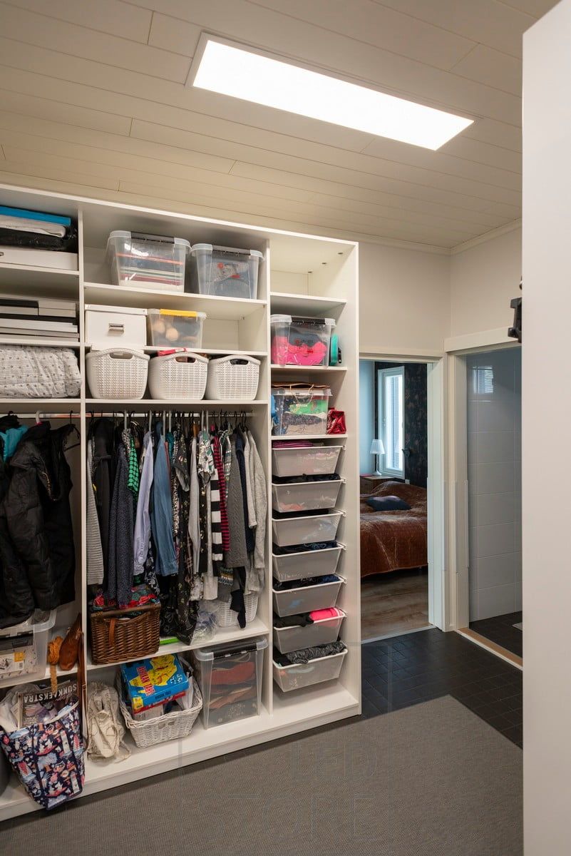 High quality lighting of the wardrobe implemented with a large LED panel lamp. Ledstore.fi