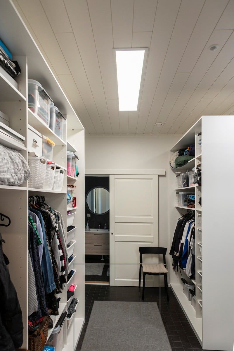 Led panel light illuminating a wardrobe. The luminaire is simple and timeless and provides efficient and even lighting. Ledstore.fi