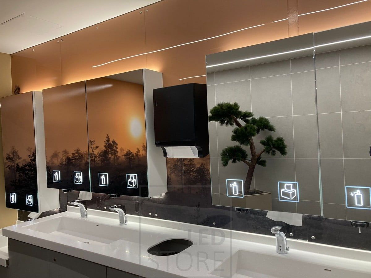 Icons illuminated by small panel lamps. Panel lamp mounted inside the cabinet. Ledstore.fi