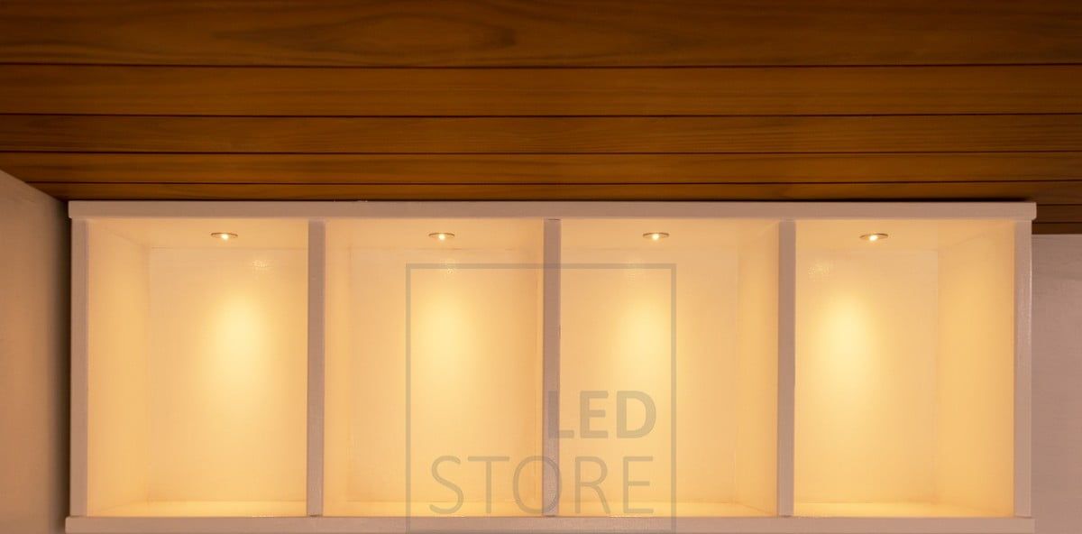 In the bathroom, 1 w spotlights on the shelves as accent lights. Ledstore.fi