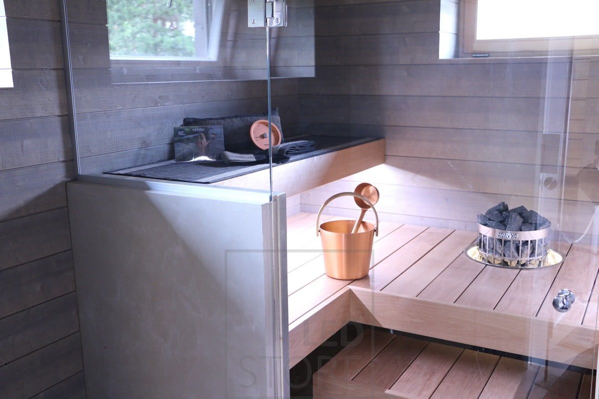 A led strip under the bench creates a beautiful, atmospheric light in the sauna. Ledstore.fi