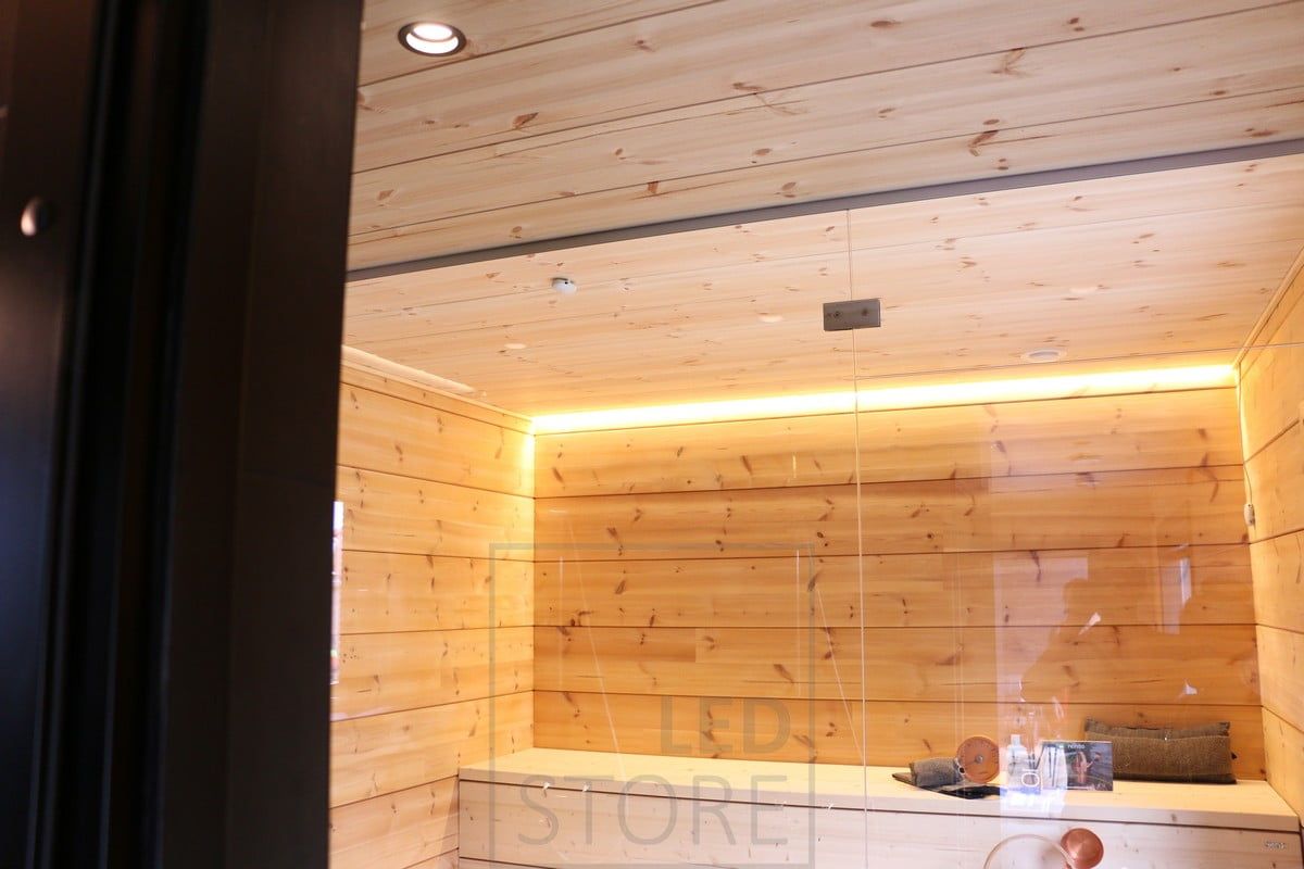 Led strip on the sauna ceiling creating atmospheric indirect light in the sauna room. Ledstore.fi