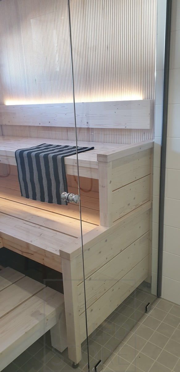 Led strip for atmospheric sauna lighting. Indirect light from the backrest upwards and from the ceiling downwards. Ledstore.fi