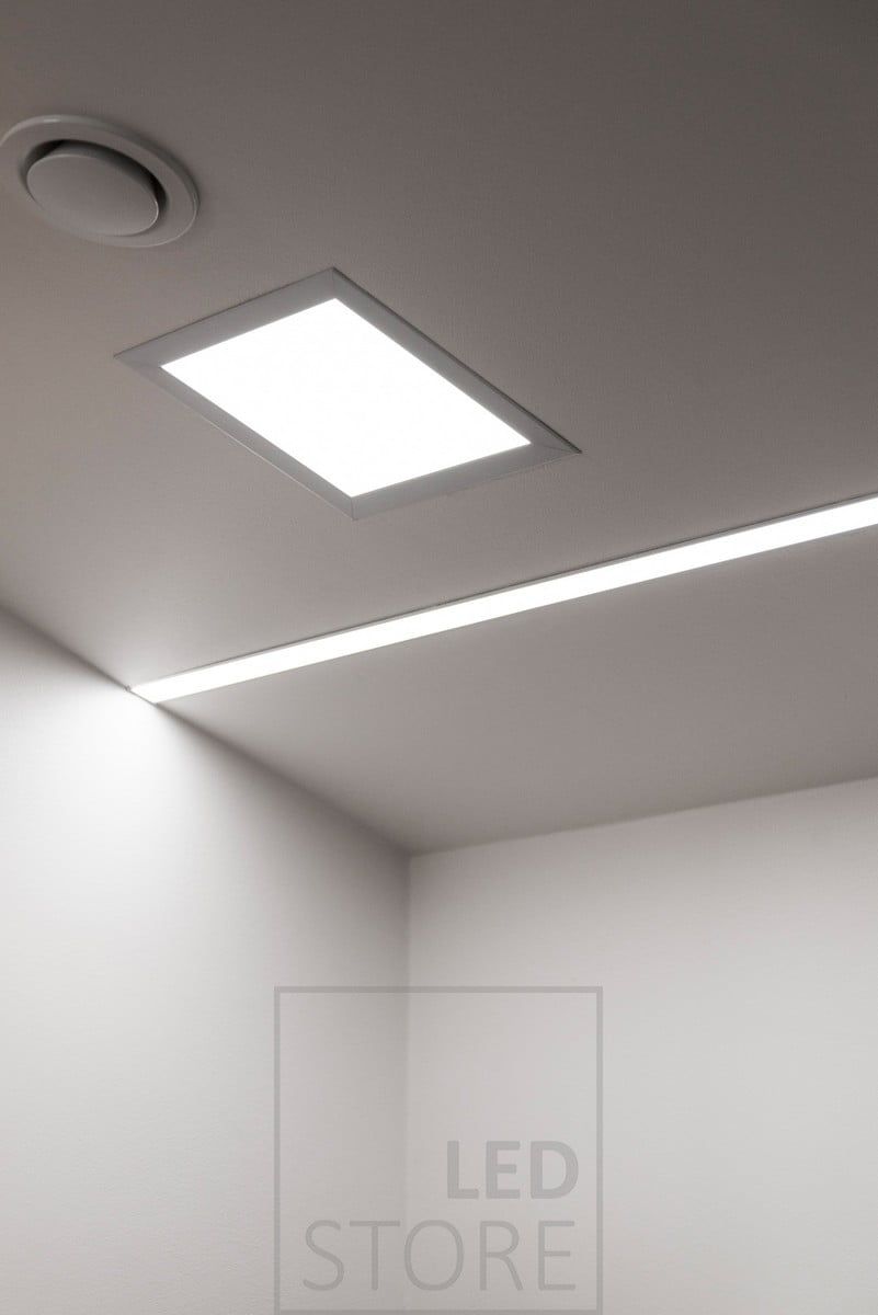 Two LED strips in a wide flush profile and a flush panel next to it for efficient and even lighting. Ledstore.fi