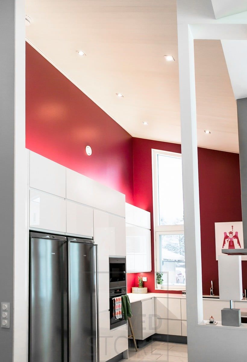 In a sloping ceiling in the kitchen, directional spot lighting. Ledstore.fi