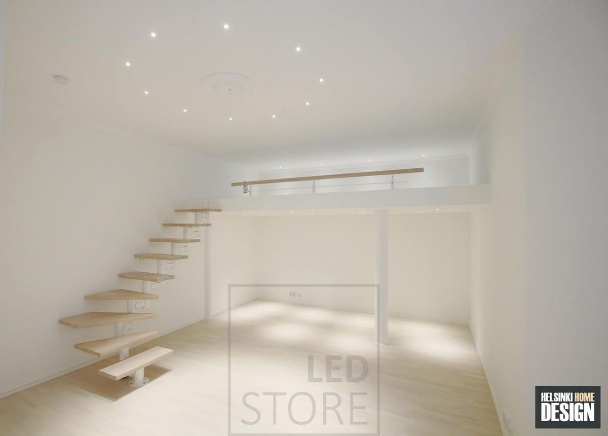 The decorative placement of the Led spotlights illuminates the flock above, below and in the centre of the space. The circle in the centre of the space also highlights the position of the pendant light. Ledstore.fi