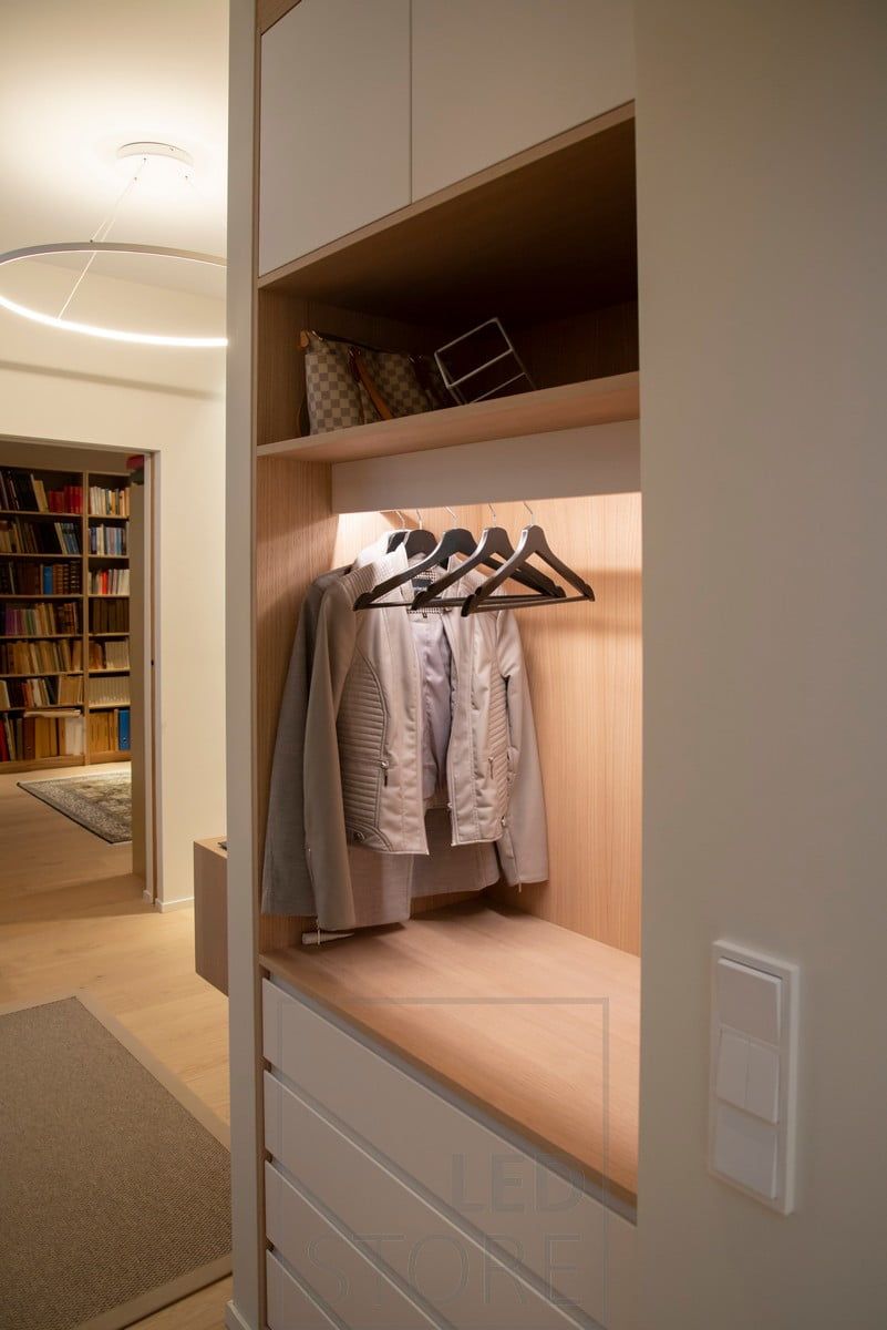 In a cabinet, an LED strip light illuminates the contents of the cabinet with indirect, soft light. Ledstore.fi