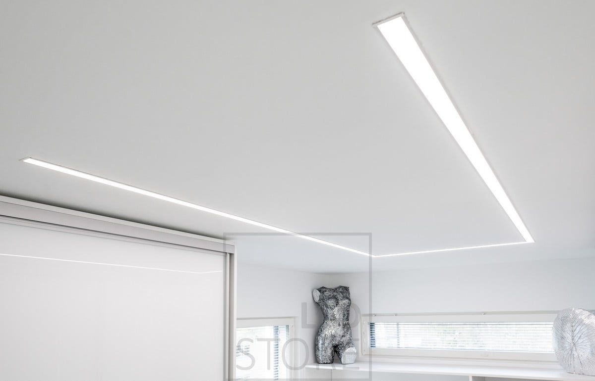 In the wardrobe, two LED light strips in a wide recessed profile, the recessed profile is shaped according to the room and the needs. Ledstore.fi
