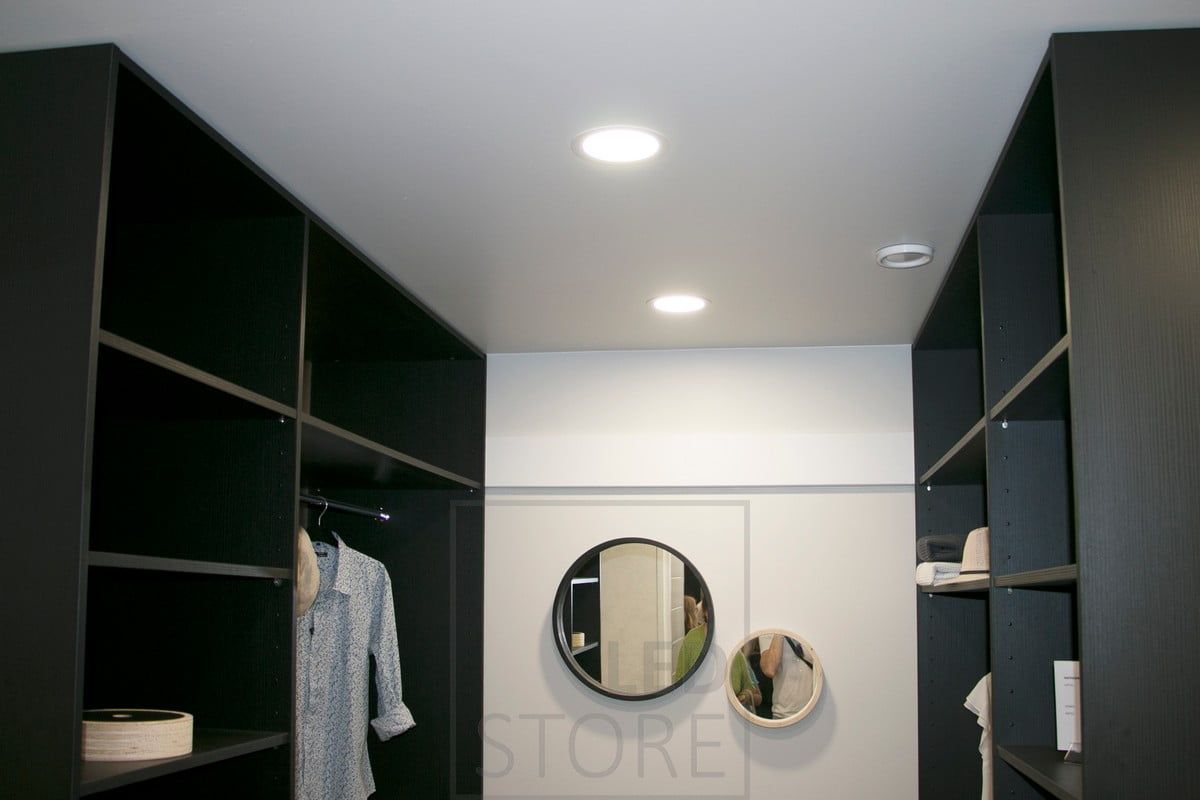 Plafond lamps in a wardrobe creating uniform lighting. Ledstore.fi