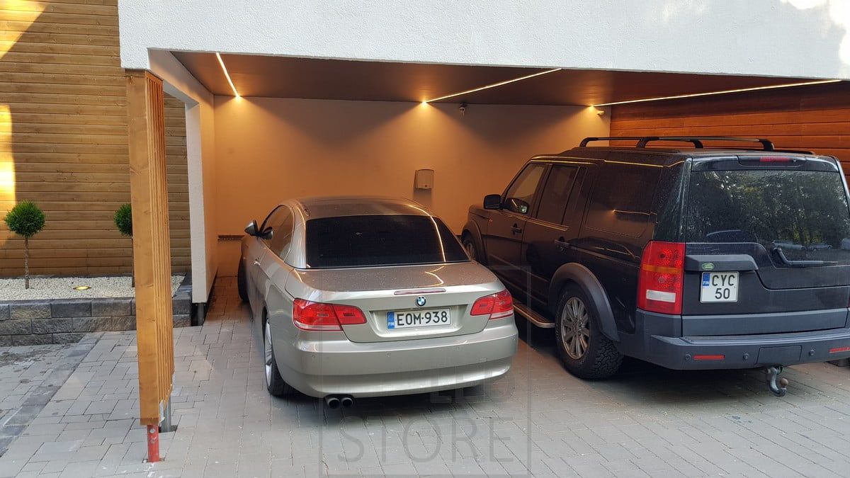 Carport roof with LED strips in a narrow surface profile. Ledstore.fi