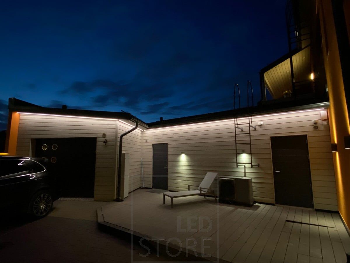 LED strips illuminating the facade of a house. Ledstore.fi