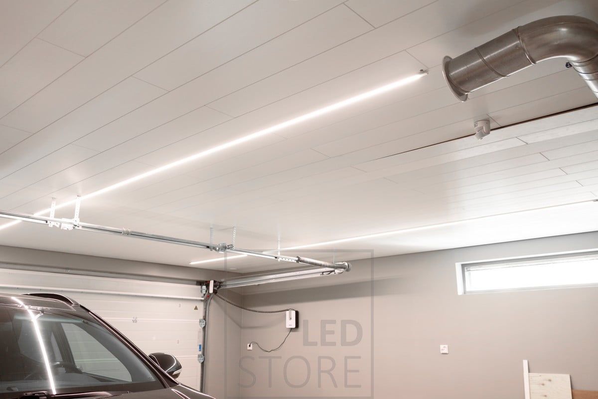 Led strips on the surface profiles of a garage roof. Ledstore.fi