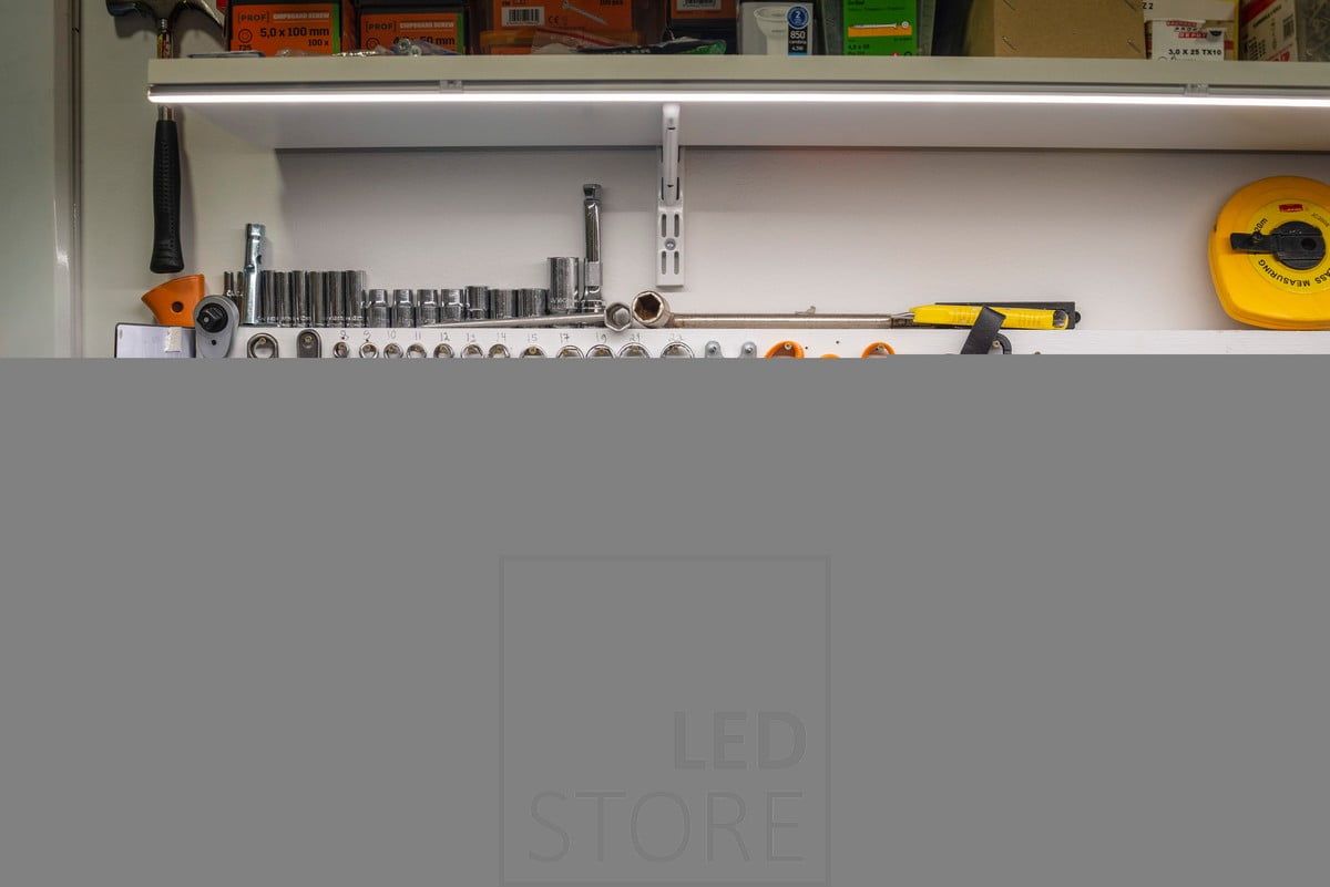 Led strip on the bottom of the shelf to illuminate the workstation and tools. Ledstore.fi