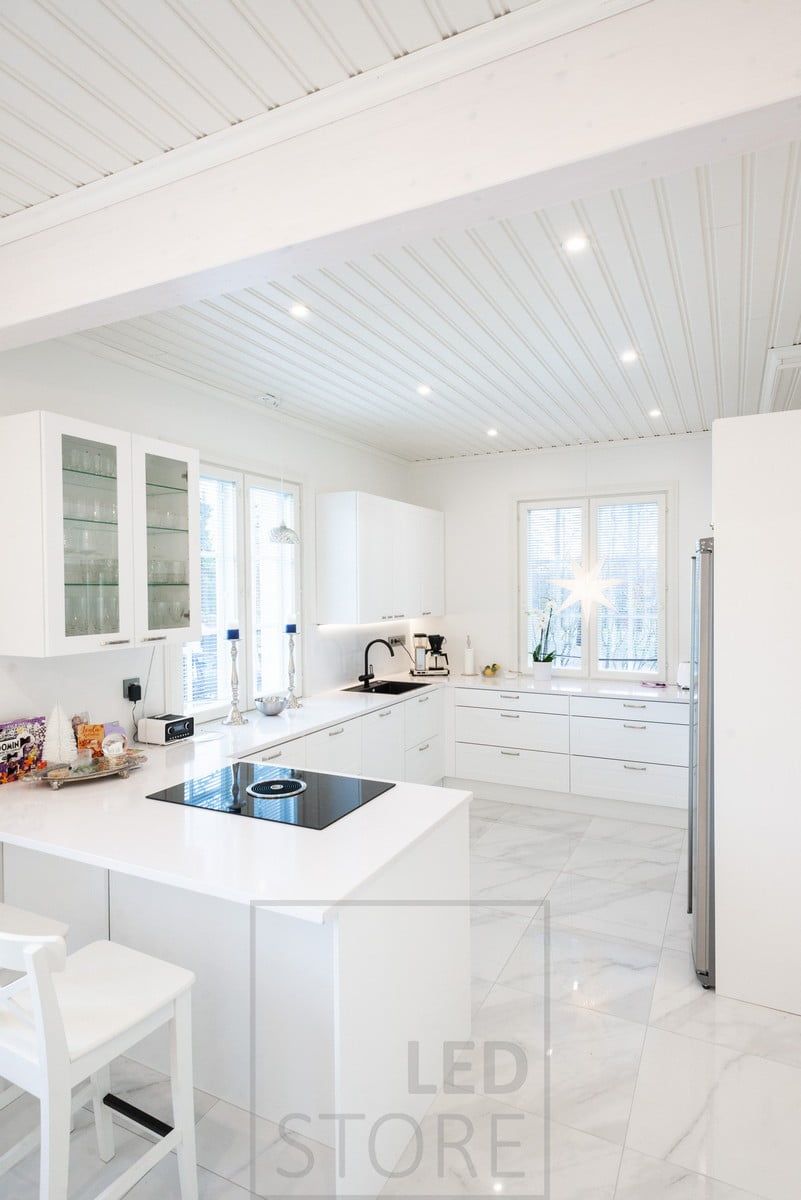 Flat, good working light with spotlights in the kitchen. Ledstore.fi