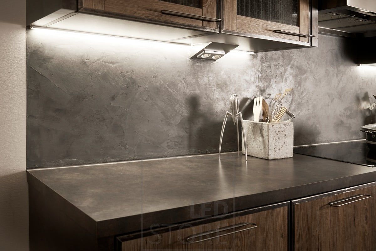 Kitchen worktop lighting with led strip in corner profile. Ledstore.fi