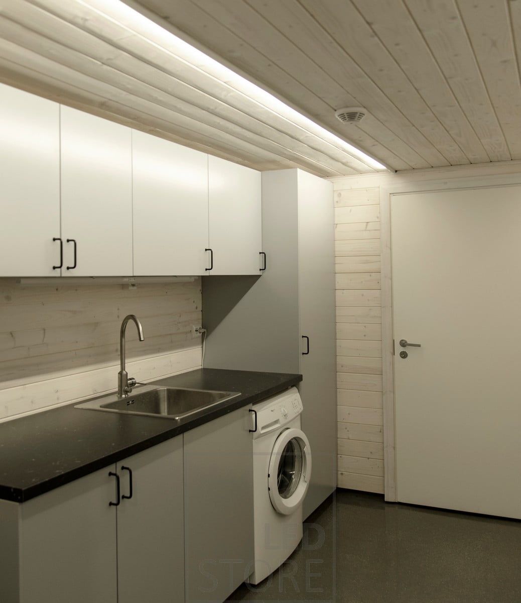 Led strip surface mounted to provide general lighting in a space. The profile is oriented towards fixed furniture to provide light where it is most needed. Ledstore.fi