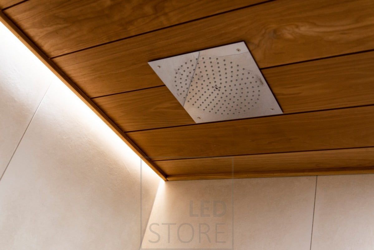 Behind the rain shower, a led strip illuminates the atmospheric, indirect. Ledstore.fi
