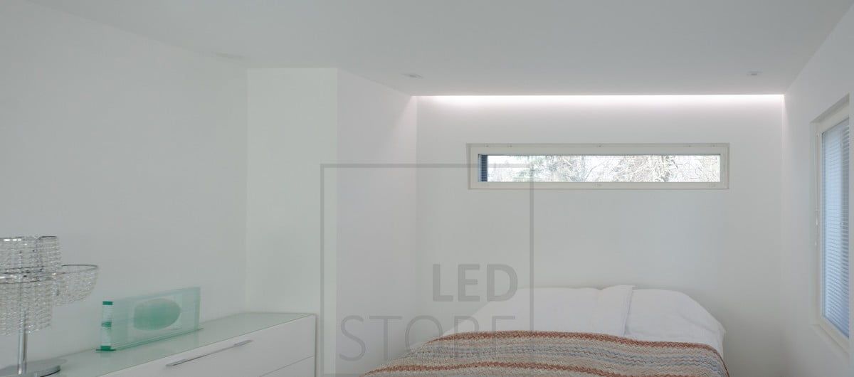 Beautiful, soft mood lighting on the ceiling behind the bed in the bedroom. Ledstore.fi