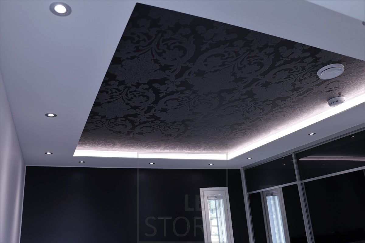Impressive lighting in the bedroom. Spotlights embedded in the downstairs ceiling and a LED strip above the downstairs ceiling, indirectly illuminating through the ceiling. Ledstore.fi