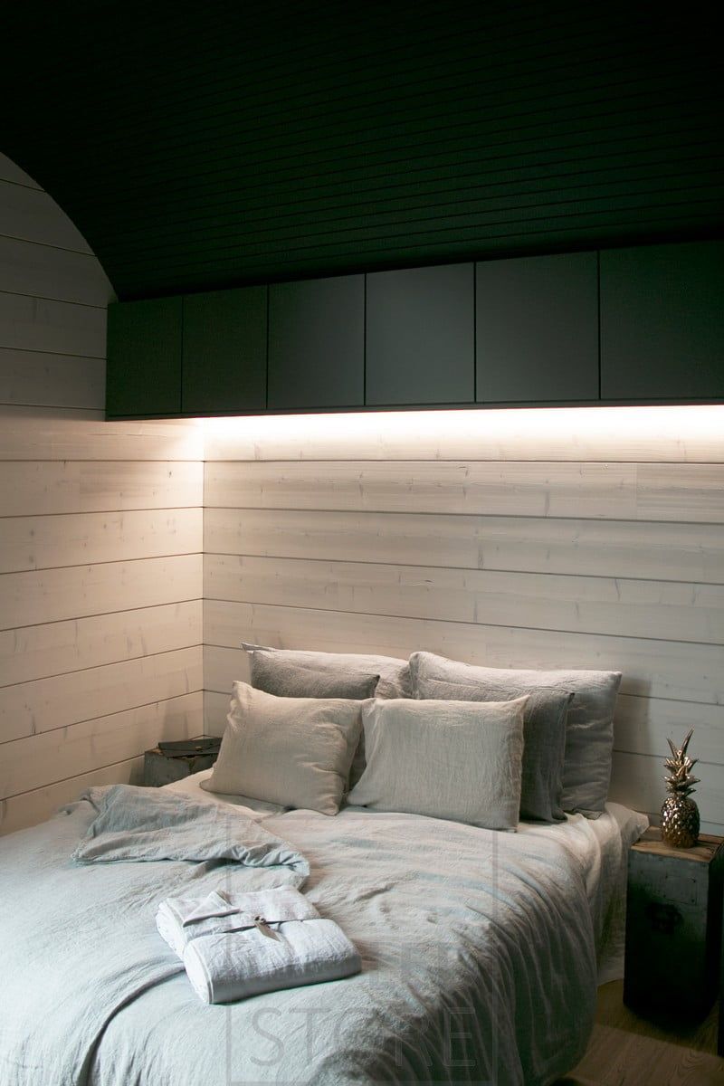 Above the bed, in the corner of the cabinets and the wall, a LED strip of mood lighting. Ledstore.fi