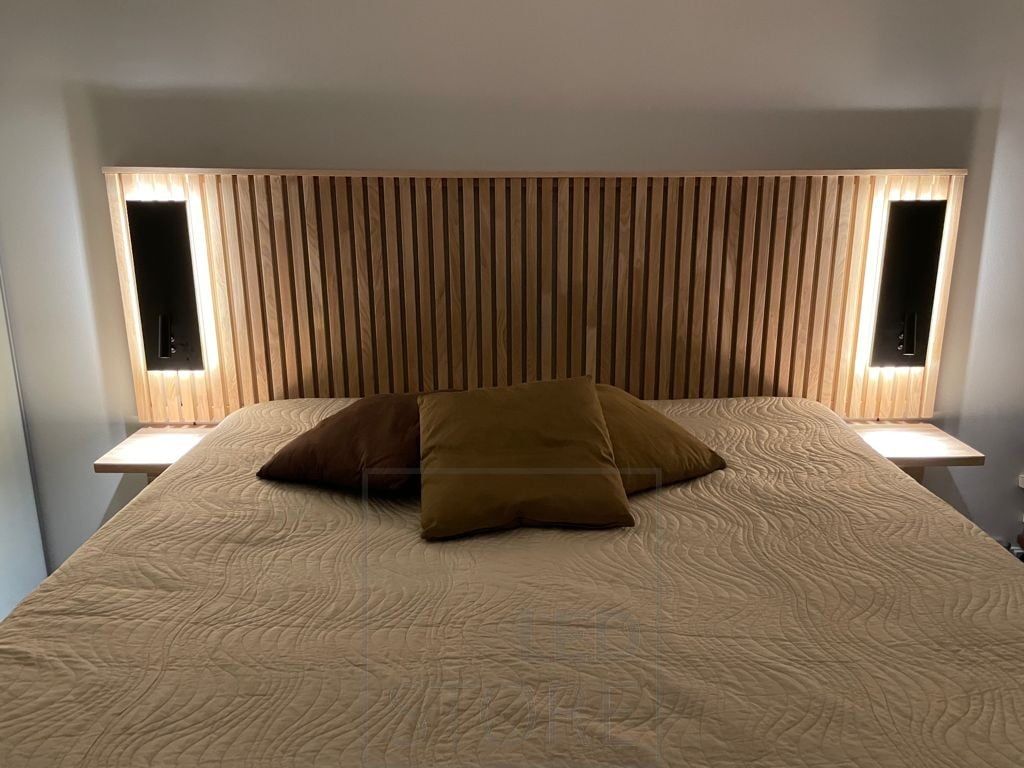 Black mood and night light NIGHT on both sides of the bed headboard. Also available in white. Ledstore.fi