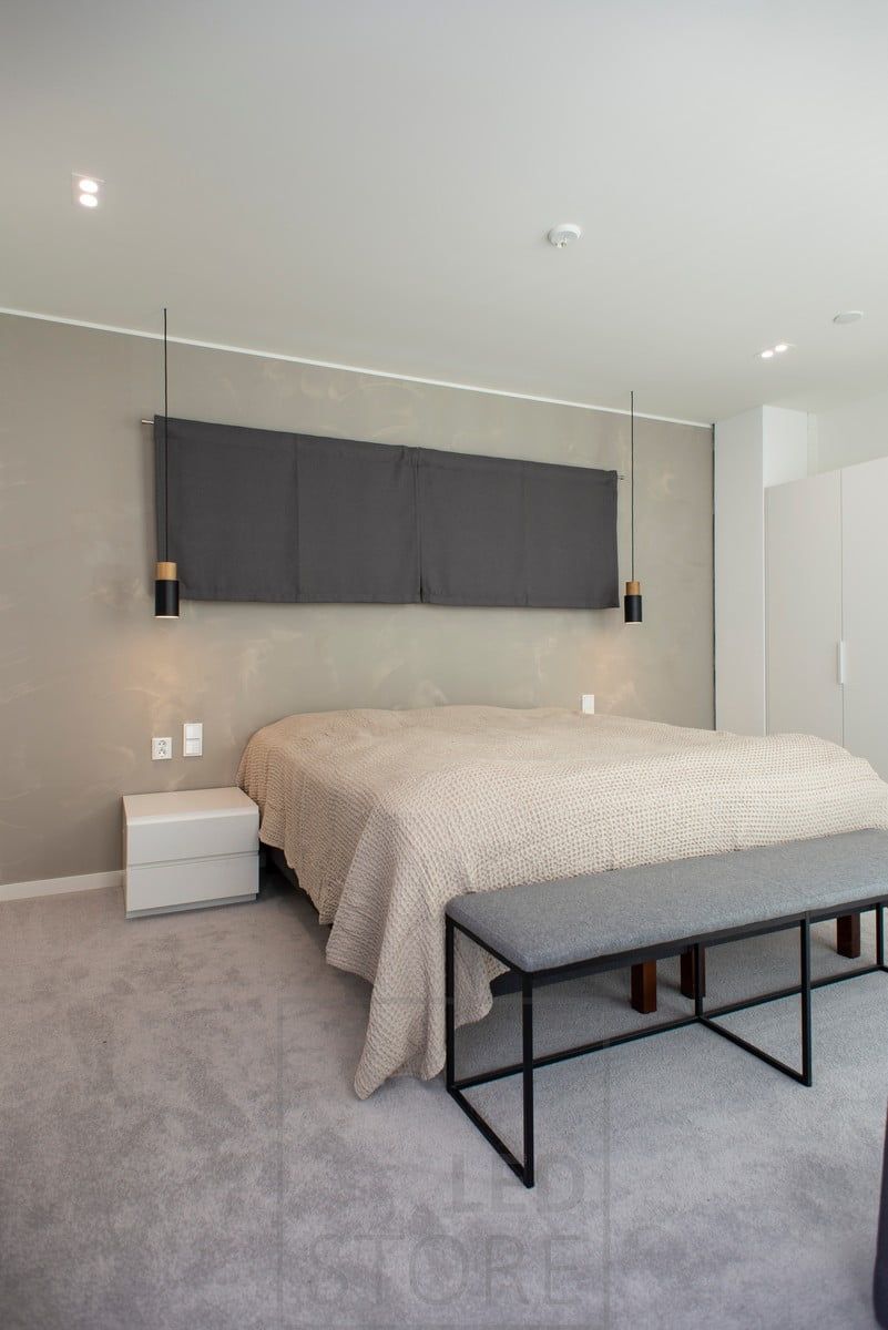 General lighting in the bedroom with spotlights. Spotlights placed on the ceiling in pairs. Ledstore.fi